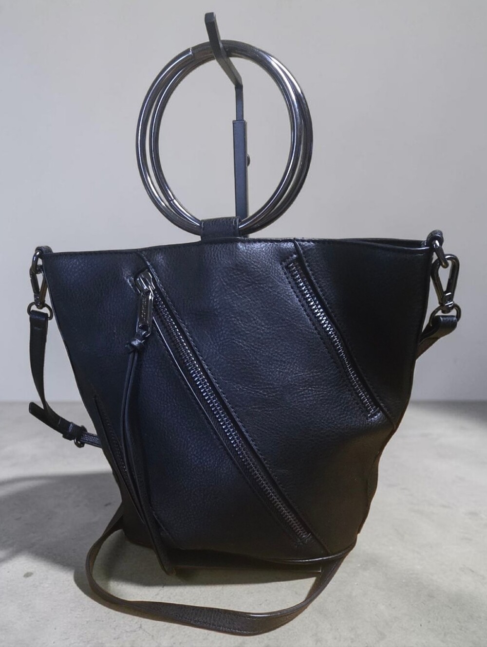 Joe's Jeans Black Harley Bucket Crossbody Zippers Ring Handle